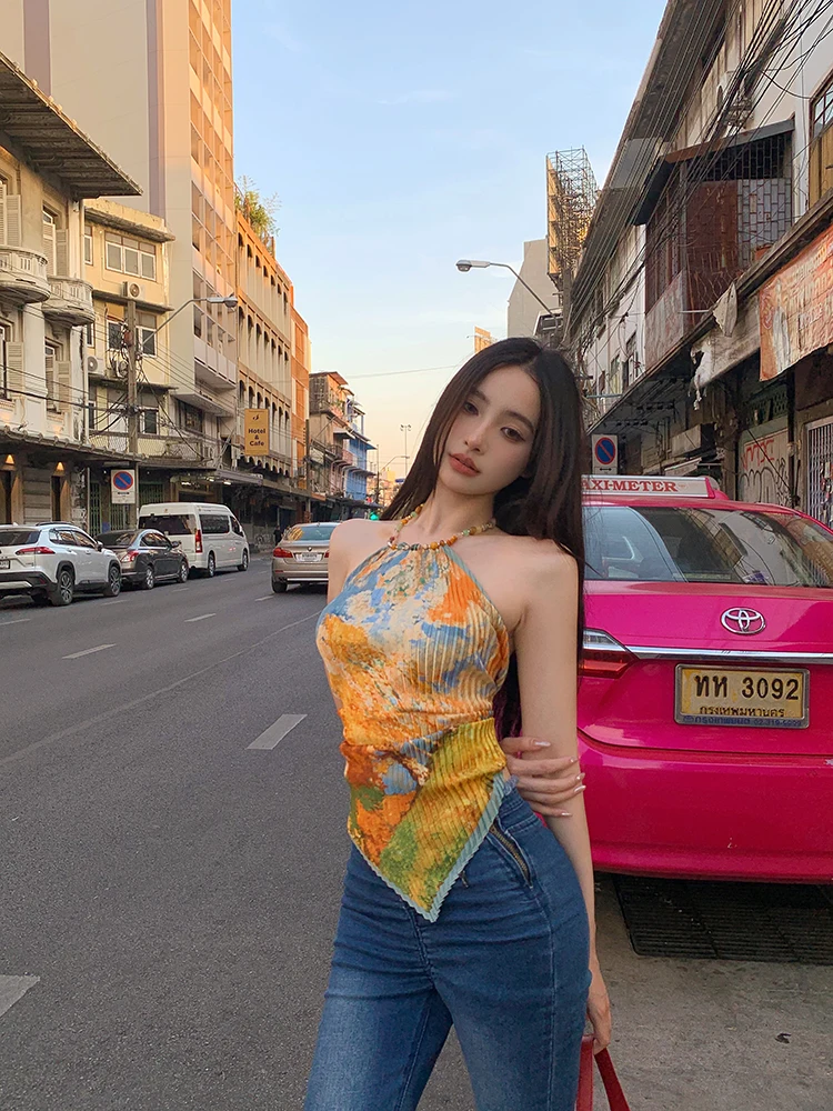 Genayooa Vintage Tank Tops Sleeveless Tie Dye Camis Y2k Retro Tops Streetwear 2000s Japanese Fairycore Tank Summer Belly Pockets