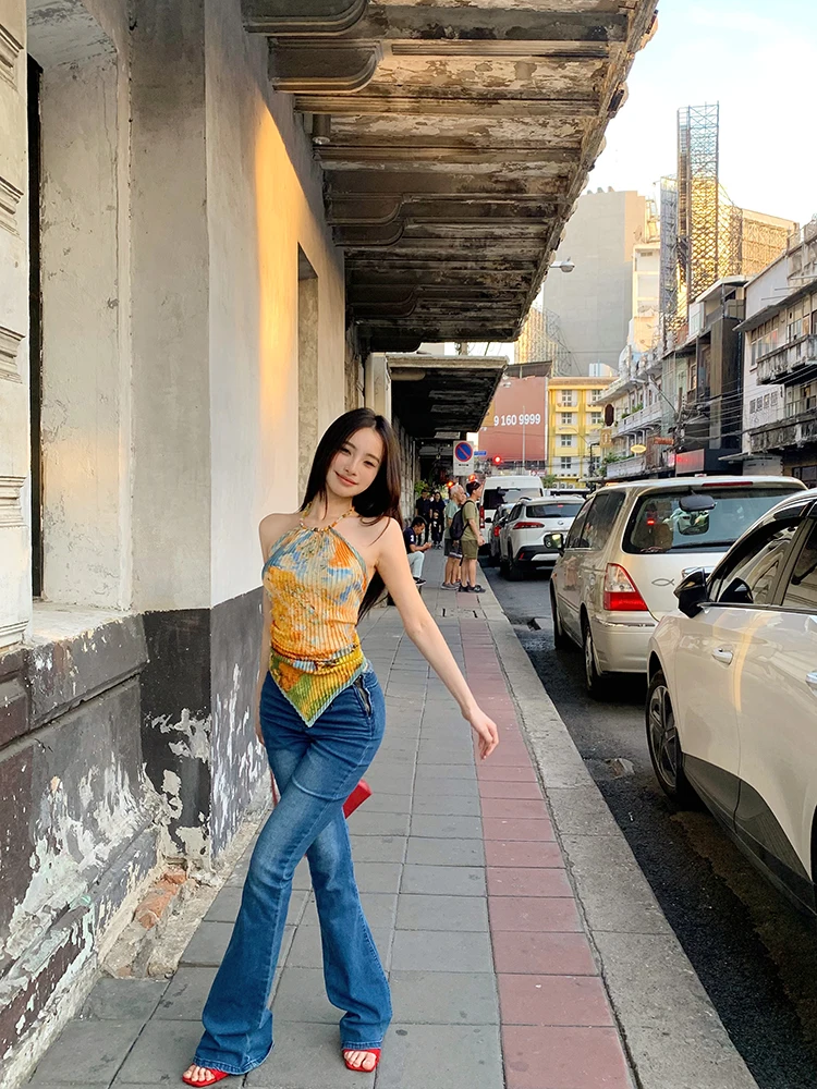 Genayooa Vintage Tank Tops Sleeveless Tie Dye Camis Y2k Retro Tops Streetwear 2000s Japanese Fairycore Tank Summer Belly Pockets