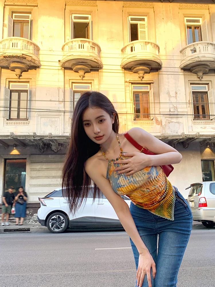 Genayooa Vintage Tank Tops Sleeveless Tie Dye Camis Y2k Retro Tops Streetwear 2000s Japanese Fairycore Tank Summer Belly Pockets