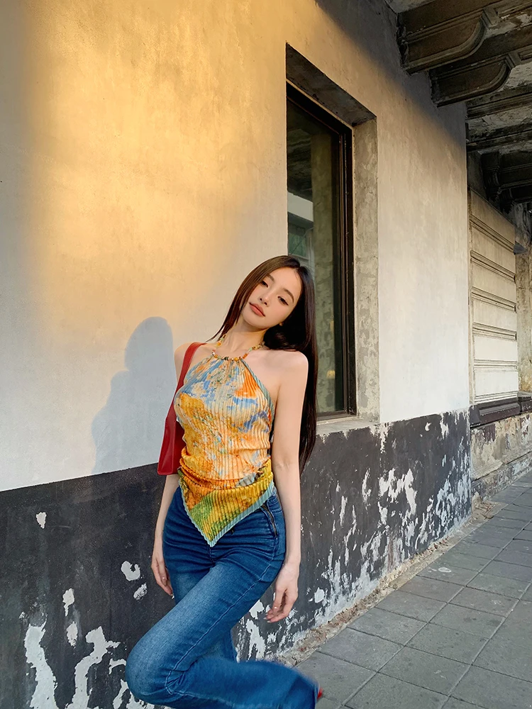 Genayooa Vintage Tank Tops Sleeveless Tie Dye Camis Y2k Retro Tops Streetwear 2000s Japanese Fairycore Tank Summer Belly Pockets