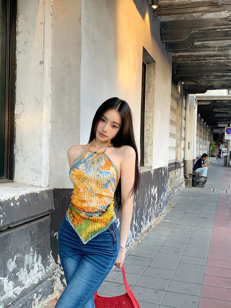 Genayooa Vintage Tank Tops Sleeveless Tie Dye Camis Y2k Retro Tops Streetwear 2000s Japanese Fairycore Tank Summer Belly Pockets
