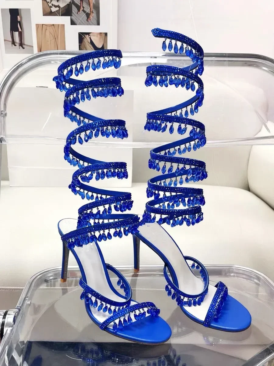 2025 Women's New Fashion Tassel Crystal Shoes Sexy Banquet Party Stiletto High Heels Women's Large Sandals Dance Shoes