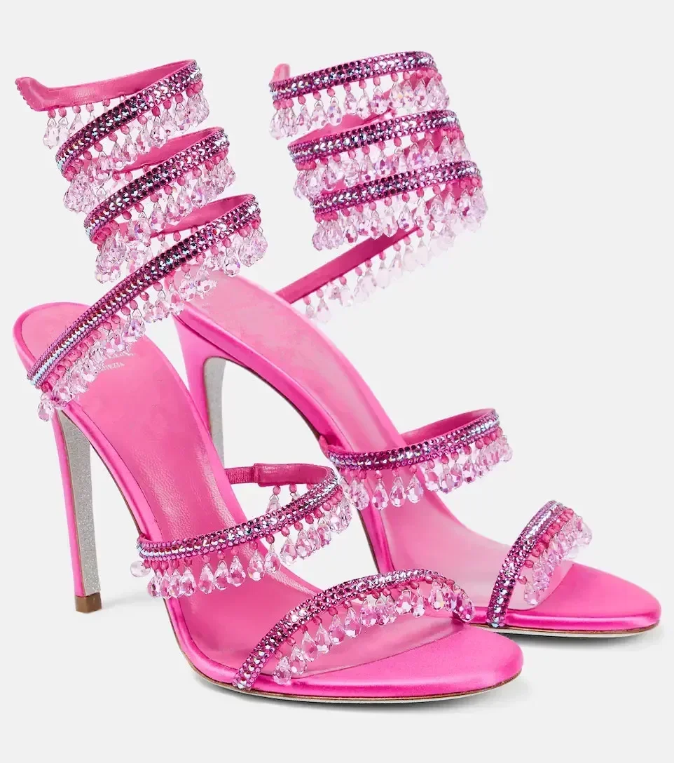 2025 Women's New Fashion Tassel Crystal Shoes Sexy Banquet Party Stiletto High Heels Women's Large Sandals Dance Shoes