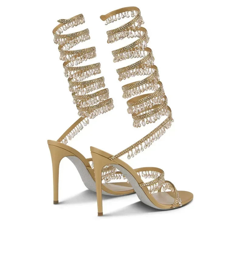 2025 Women's New Fashion Tassel Crystal Shoes Sexy Banquet Party Stiletto High Heels Women's Large Sandals Dance Shoes