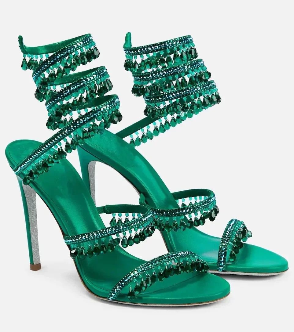 2025 Women's New Fashion Tassel Crystal Shoes Sexy Banquet Party Stiletto High Heels Women's Large Sandals Dance Shoes