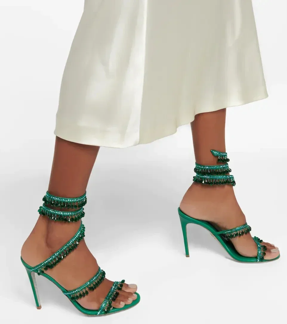 2025 Women's New Fashion Tassel Crystal Shoes Sexy Banquet Party Stiletto High Heels Women's Large Sandals Dance Shoes