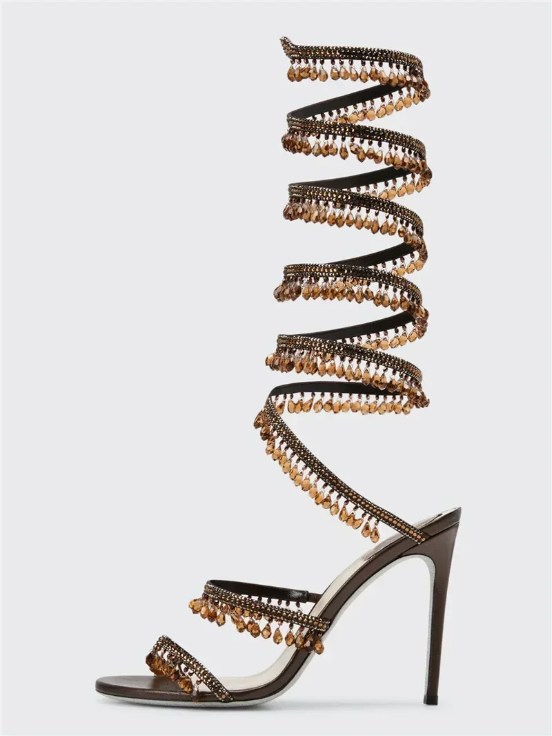 2025 Women's New Fashion Tassel Crystal Shoes Sexy Banquet Party Stiletto High Heels Women's Large Sandals Dance Shoes