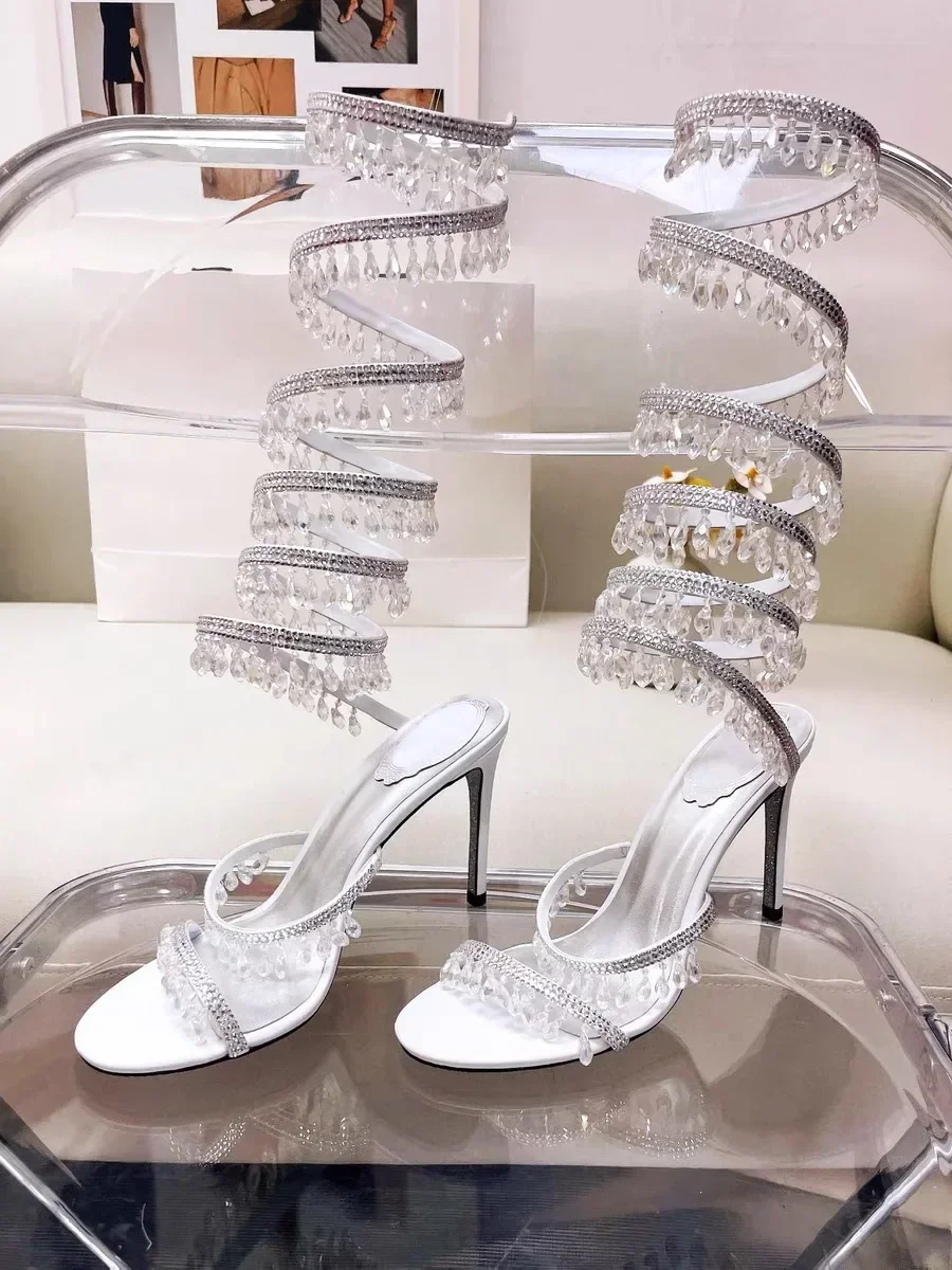 2025 Women's New Fashion Tassel Crystal Shoes Sexy Banquet Party Stiletto High Heels Women's Large Sandals Dance Shoes