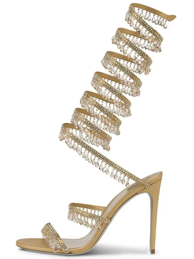 2025 Women's New Fashion Tassel Crystal Shoes Sexy Banquet Party Stiletto High Heels Women's Large Sandals Dance Shoes