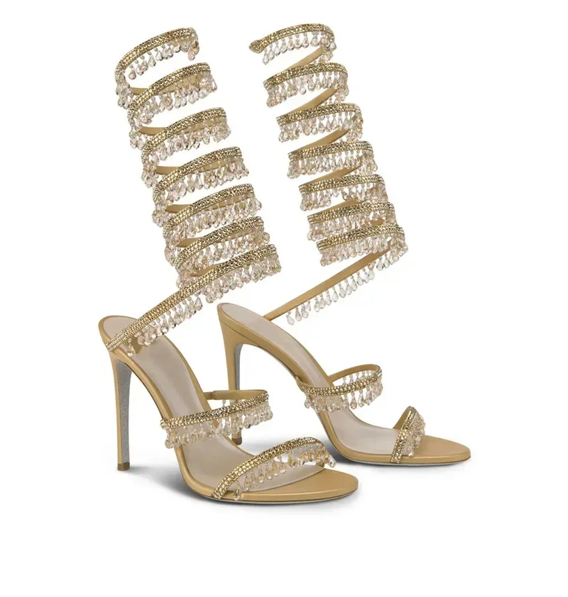 2025 Women's New Fashion Tassel Crystal Shoes Sexy Banquet Party Stiletto High Heels Women's Large Sandals Dance Shoes
