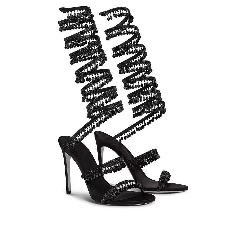 2025 Women's New Fashion Tassel Crystal Shoes Sexy Banquet Party Stiletto High Heels Women's Large Sandals Dance Shoes