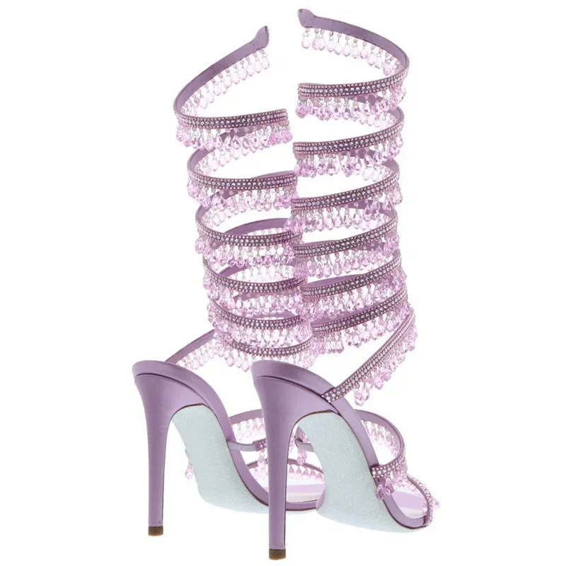 2025 Women's New Fashion Tassel Crystal Shoes Sexy Banquet Party Stiletto High Heels Women's Large Sandals Dance Shoes