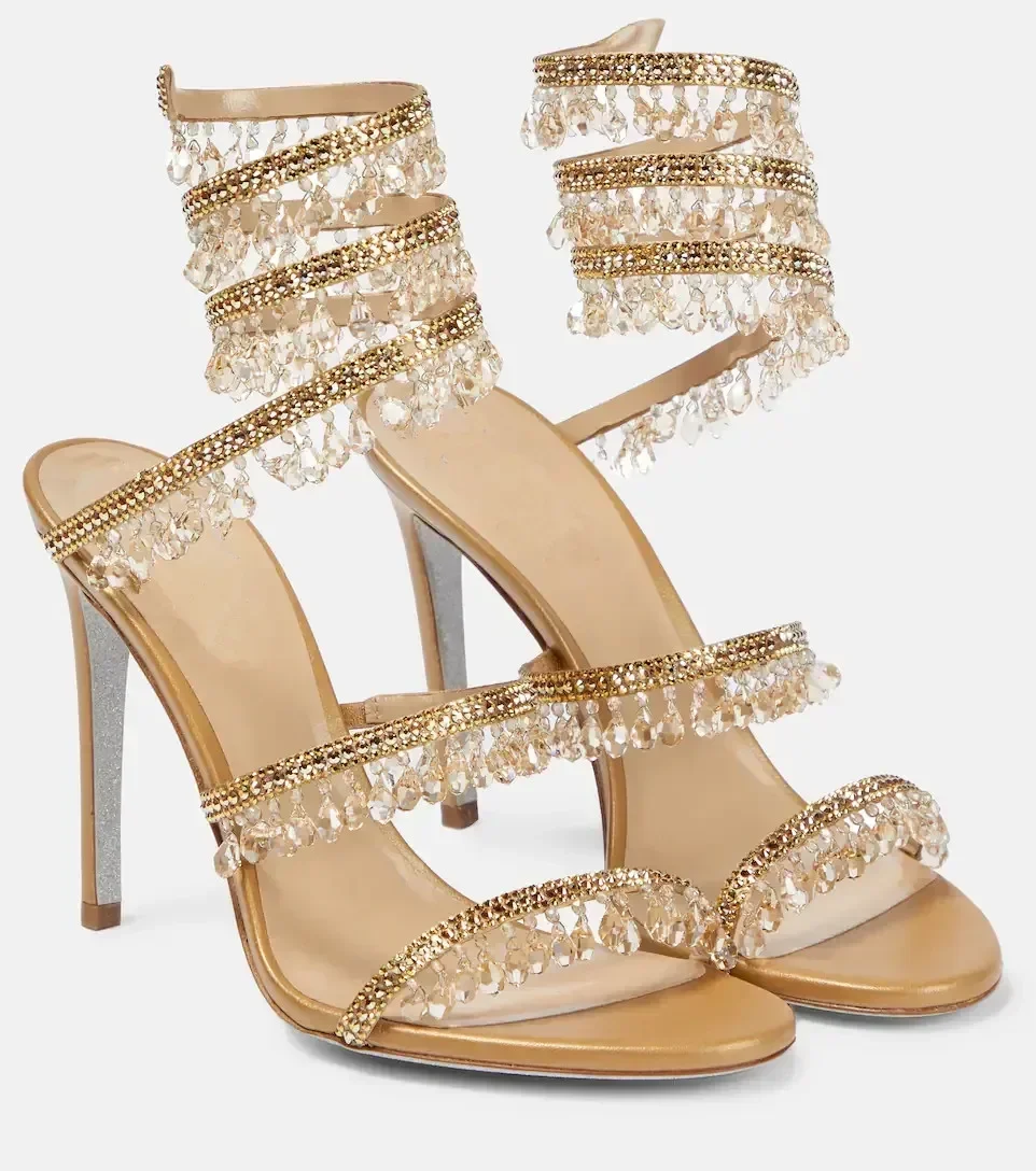 2025 Women's New Fashion Tassel Crystal Shoes Sexy Banquet Party Stiletto High Heels Women's Large Sandals Dance Shoes