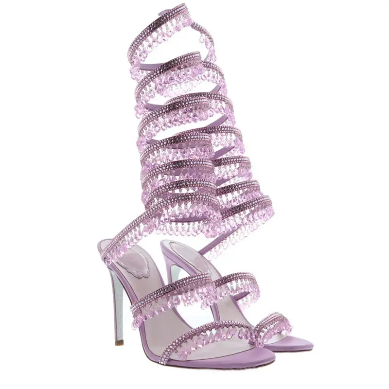2025 Women's New Fashion Tassel Crystal Shoes Sexy Banquet Party Stiletto High Heels Women's Large Sandals Dance Shoes