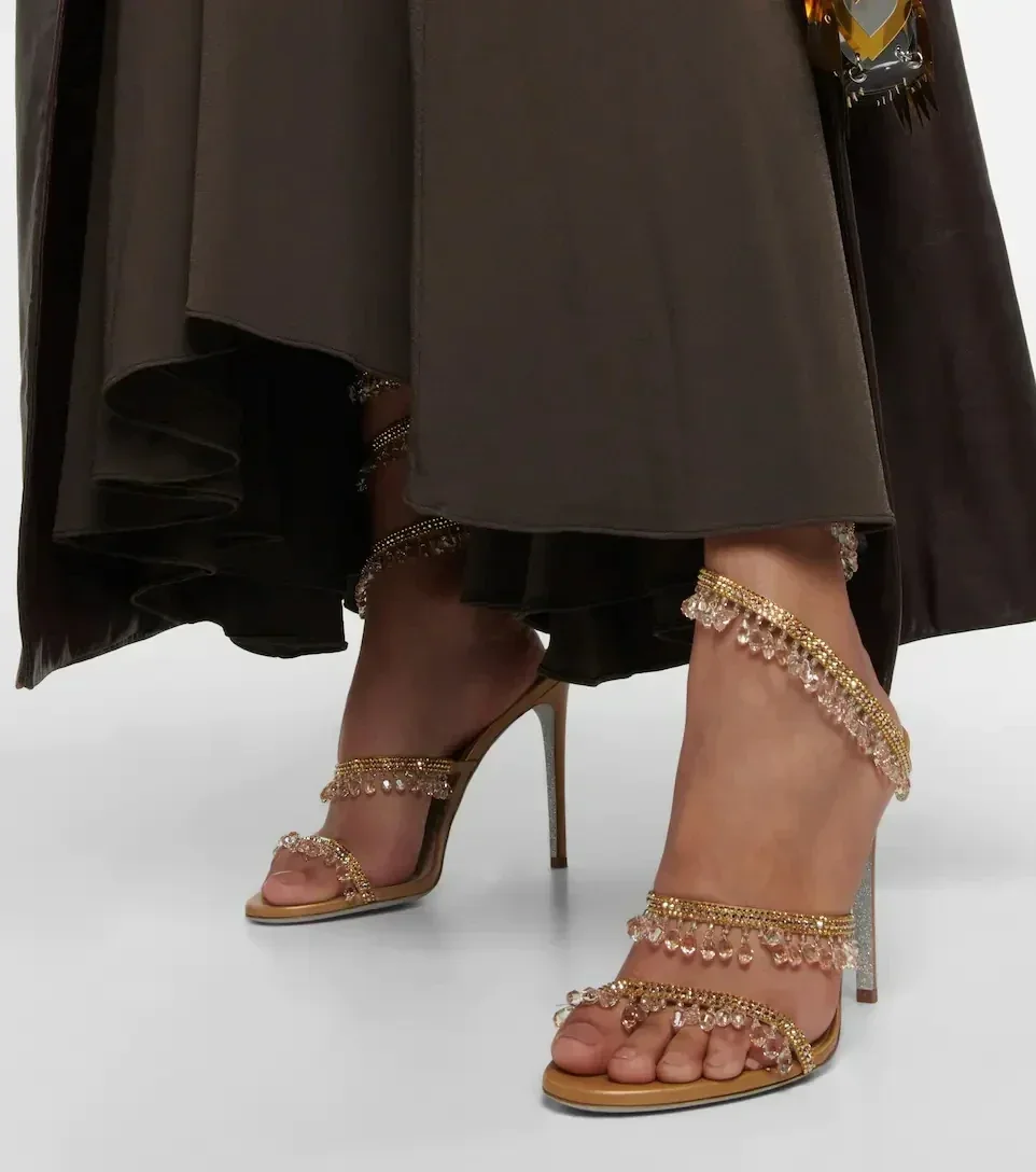 2025 Women's New Fashion Tassel Crystal Shoes Sexy Banquet Party Stiletto High Heels Women's Large Sandals Dance Shoes