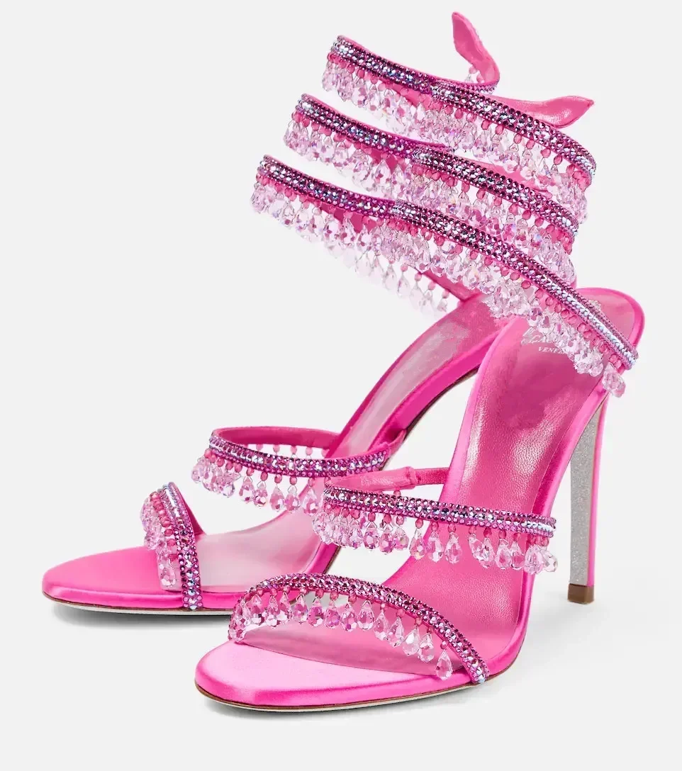 2025 Women's New Fashion Tassel Crystal Shoes Sexy Banquet Party Stiletto High Heels Women's Large Sandals Dance Shoes