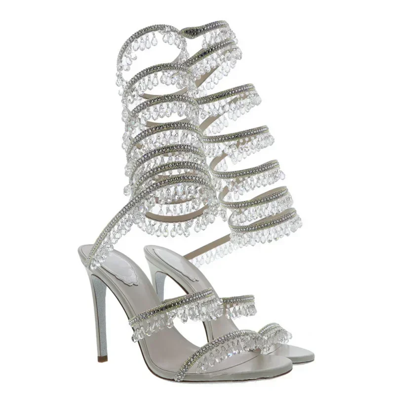 2025 Women's New Fashion Tassel Crystal Shoes Sexy Banquet Party Stiletto High Heels Women's Large Sandals Dance Shoes