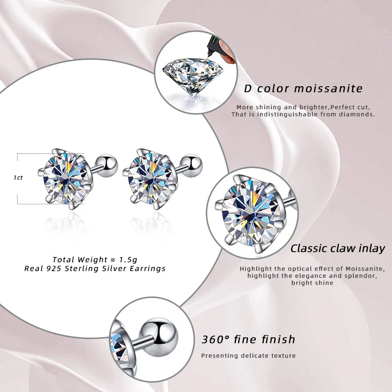 Gica Gema 0.5-2ct Moissanite Screw Stud Earrings D Color 925 Sterling Silver Diamond Earrings For Women Wedding Fine Jewelry