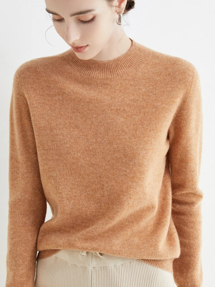 Women 100% Merino Wool Sweater For Autumn Winter First Line Seamless Half-high Collar Pullover Basic Top OL Solid Soft Cashmere
