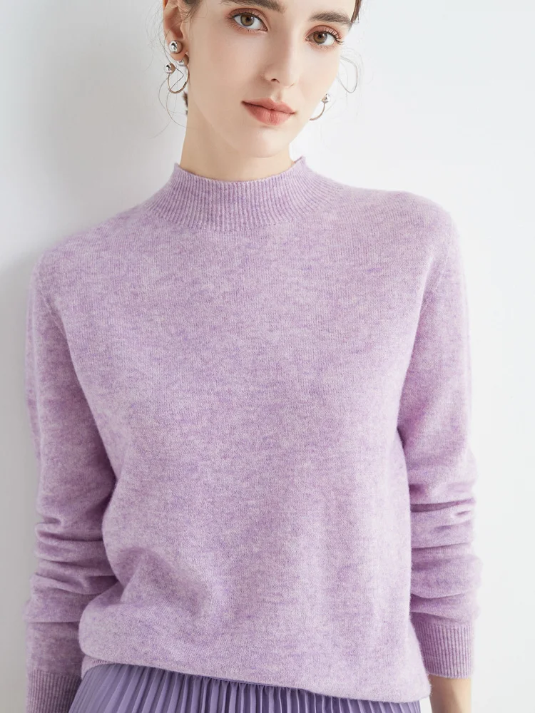 Women 100% Merino Wool Sweater For Autumn Winter First Line Seamless Half-high Collar Pullover Basic Top OL Solid Soft Cashmere