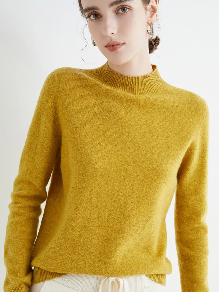 Women 100% Merino Wool Sweater For Autumn Winter First Line Seamless Half-high Collar Pullover Basic Top OL Solid Soft Cashmere
