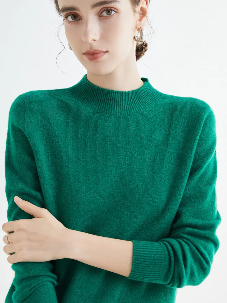 Women 100% Merino Wool Sweater For Autumn Winter First Line Seamless Half-high Collar Pullover Basic Top OL Solid Soft Cashmere