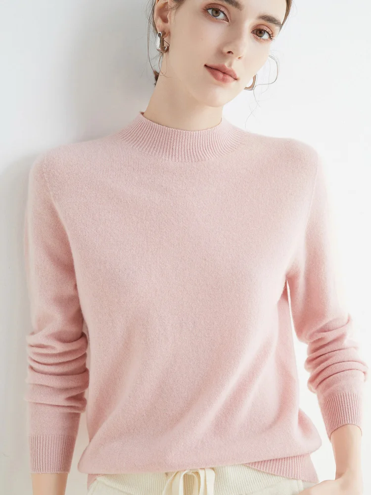 Women 100% Merino Wool Sweater For Autumn Winter First Line Seamless Half-high Collar Pullover Basic Top OL Solid Soft Cashmere