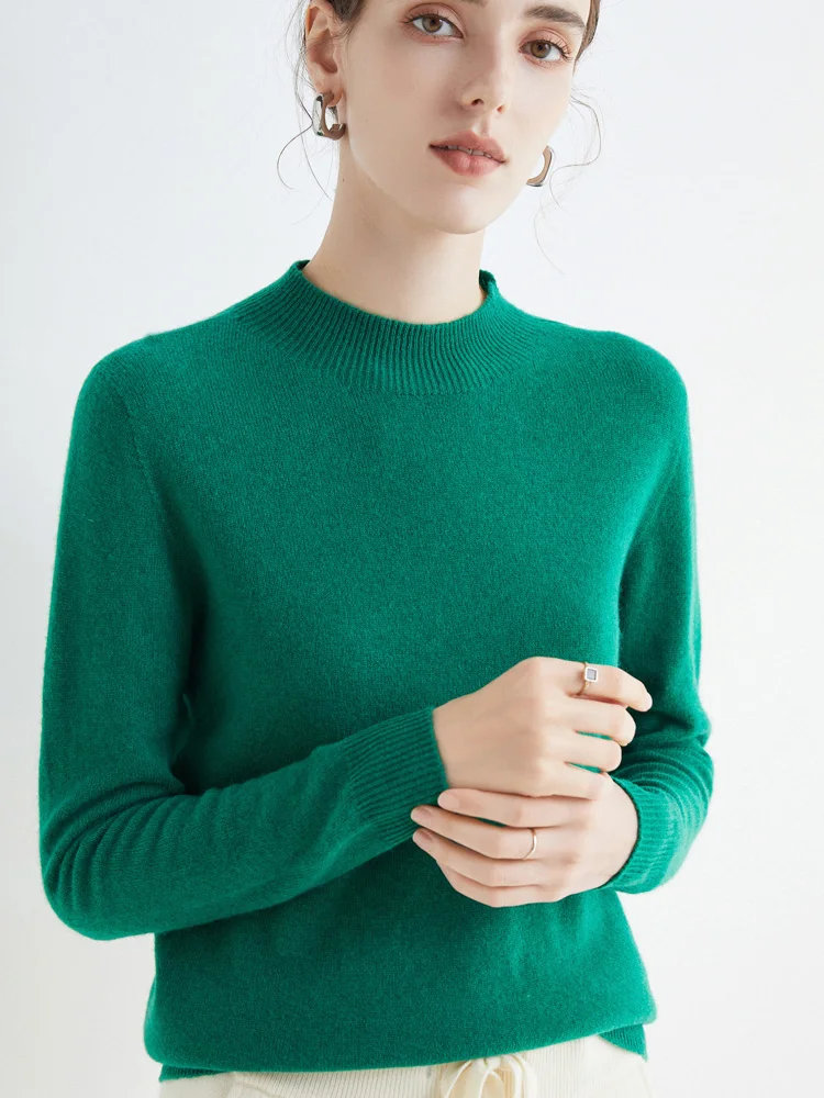 Women 100% Merino Wool Sweater For Autumn Winter First Line Seamless Half-high Collar Pullover Basic Top OL Solid Soft Cashmere