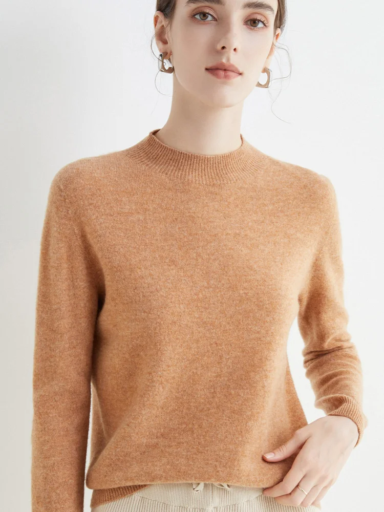 Women 100% Merino Wool Sweater For Autumn Winter First Line Seamless Half-high Collar Pullover Basic Top OL Solid Soft Cashmere