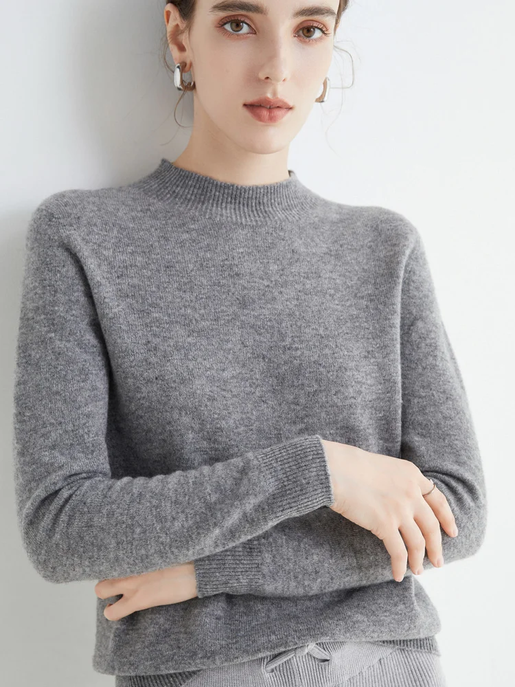 Women 100% Merino Wool Sweater For Autumn Winter First Line Seamless Half-high Collar Pullover Basic Top OL Solid Soft Cashmere