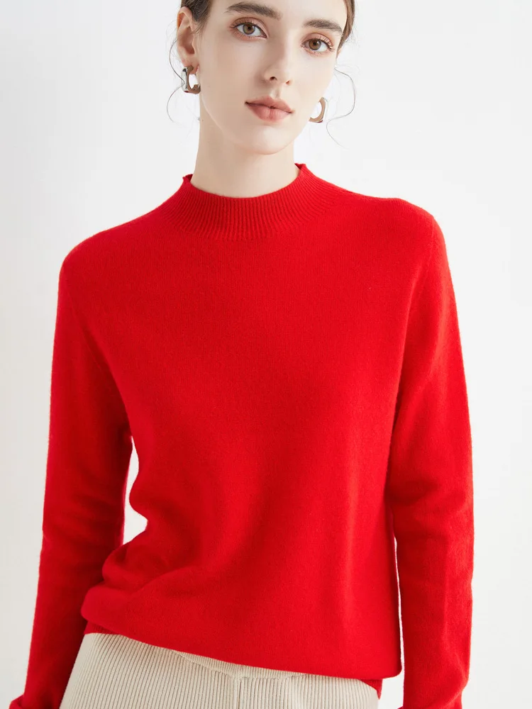 Women 100% Merino Wool Sweater For Autumn Winter First Line Seamless Half-high Collar Pullover Basic Top OL Solid Soft Cashmere