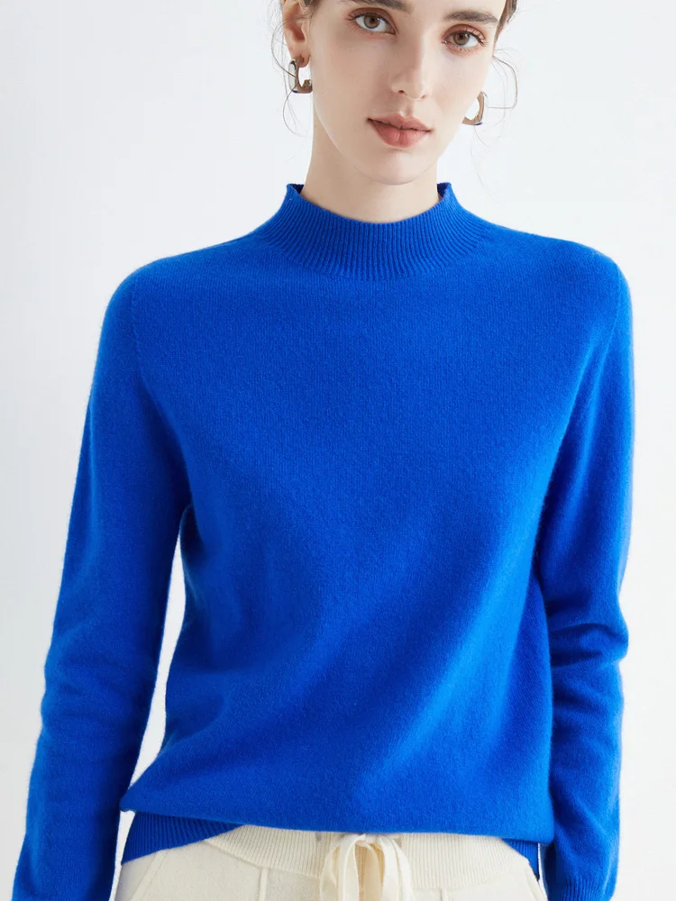 Women 100% Merino Wool Sweater For Autumn Winter First Line Seamless Half-high Collar Pullover Basic Top OL Solid Soft Cashmere