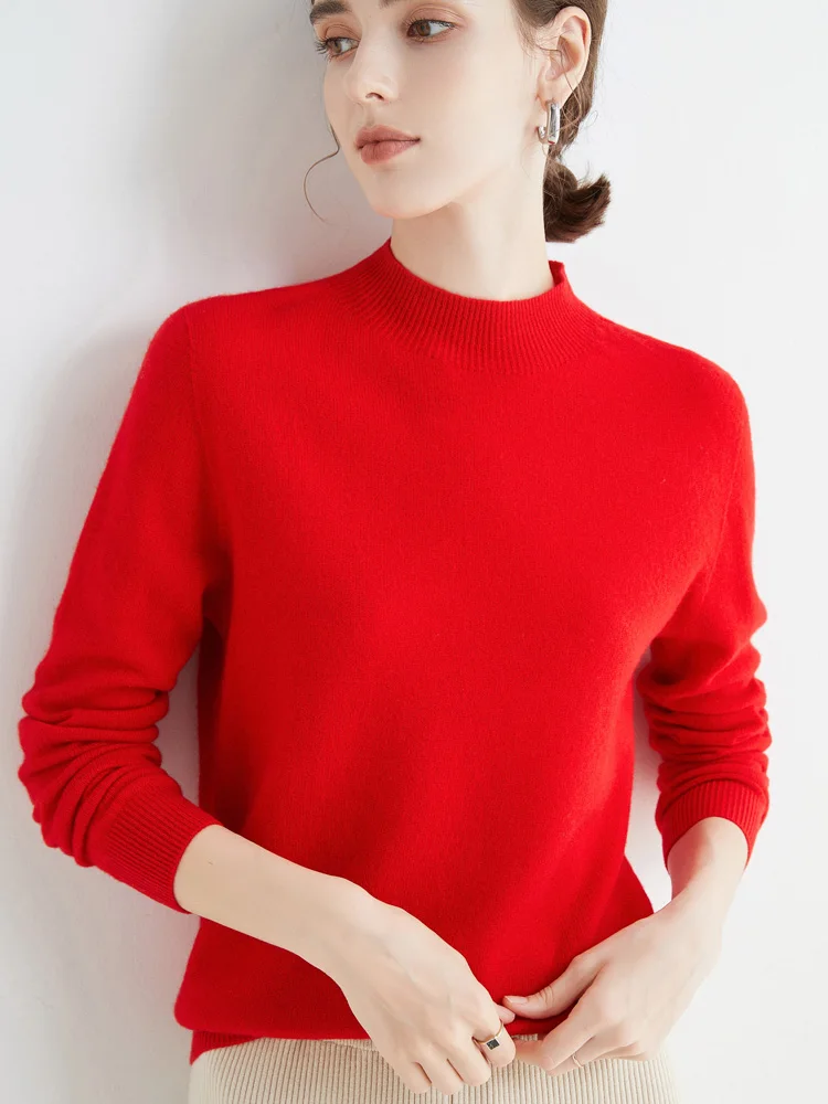 Women 100% Merino Wool Sweater For Autumn Winter First Line Seamless Half-high Collar Pullover Basic Top OL Solid Soft Cashmere