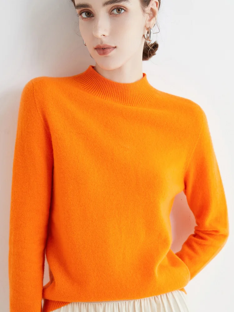 Women 100% Merino Wool Sweater For Autumn Winter First Line Seamless Half-high Collar Pullover Basic Top OL Solid Soft Cashmere