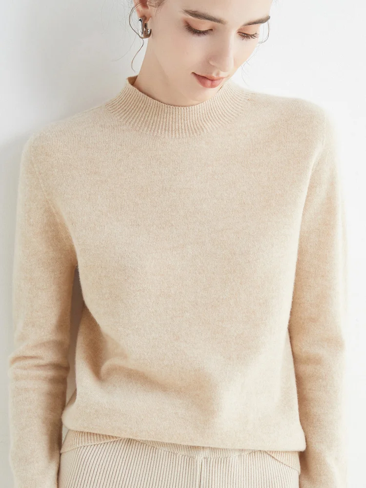 Women 100% Merino Wool Sweater For Autumn Winter First Line Seamless Half-high Collar Pullover Basic Top OL Solid Soft Cashmere