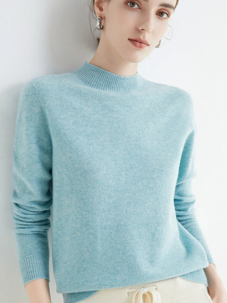 Women 100% Merino Wool Sweater For Autumn Winter First Line Seamless Half-high Collar Pullover Basic Top OL Solid Soft Cashmere