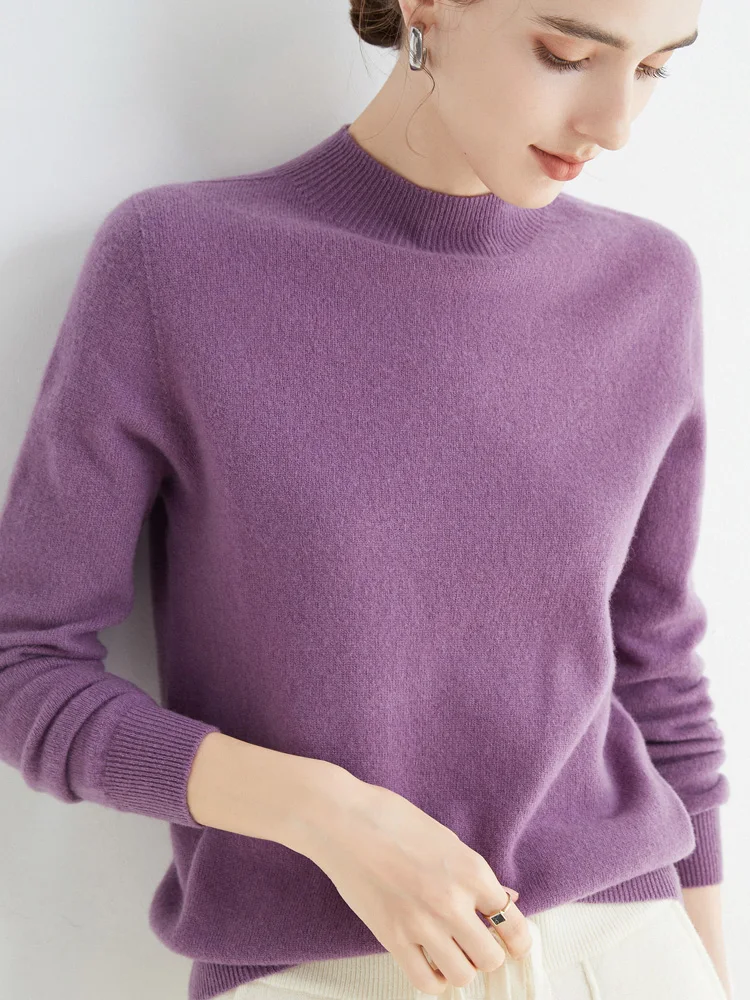 Women 100% Merino Wool Sweater For Autumn Winter First Line Seamless Half-high Collar Pullover Basic Top OL Solid Soft Cashmere