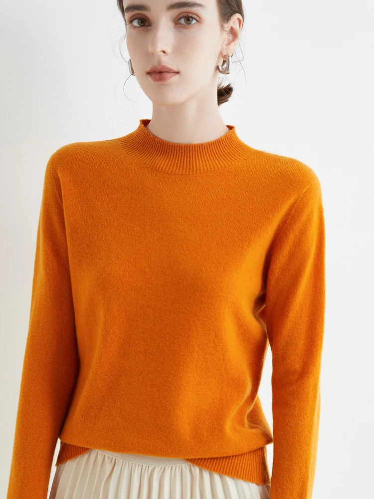 Women 100% Merino Wool Sweater For Autumn Winter First Line Seamless Half-high Collar Pullover Basic Top OL Solid Soft Cashmere