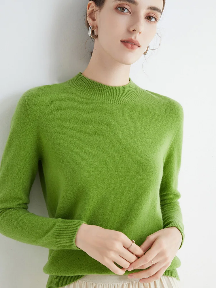 Women 100% Merino Wool Sweater For Autumn Winter First Line Seamless Half-high Collar Pullover Basic Top OL Solid Soft Cashmere