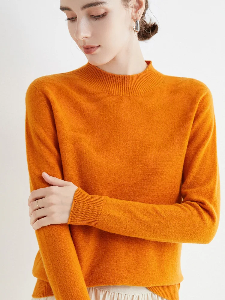 Women 100% Merino Wool Sweater For Autumn Winter First Line Seamless Half-high Collar Pullover Basic Top OL Solid Soft Cashmere