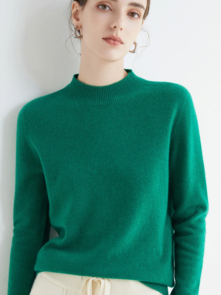 Women 100% Merino Wool Sweater For Autumn Winter First Line Seamless Half-high Collar Pullover Basic Top OL Solid Soft Cashmere
