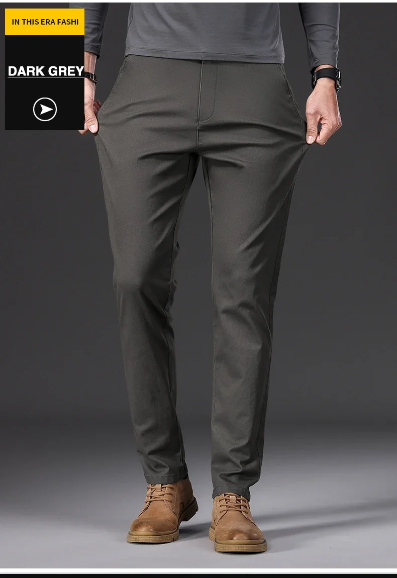 97% Cotton Men's Casual Pants Autumn Fashion Comfortable Elastic Slim Straight Business Trousers Black ArmyGreen Khaki