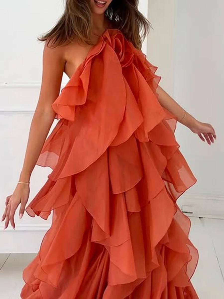 TWOTWINSTYLE Solid Spliced Ruffles Elegant Dresses For Women Halter Sleeveless High Wasit Backless Loose Dress Female Fashion
