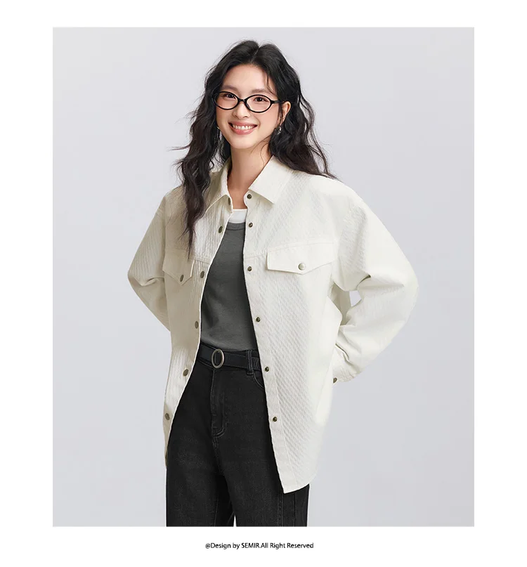 Semir Long Sleeve Shirt Women Mid-Length Diamond Pattern Cotton 2025 New Spring Oversize Top for Casual and Chic Looks