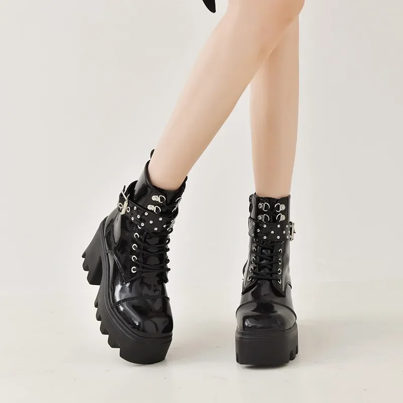 2024 Platform Thick Gothic Boots Lady Buckle Autumn Shoes Women Wedges Knee High Boots Punk Street Motorcycle Chain