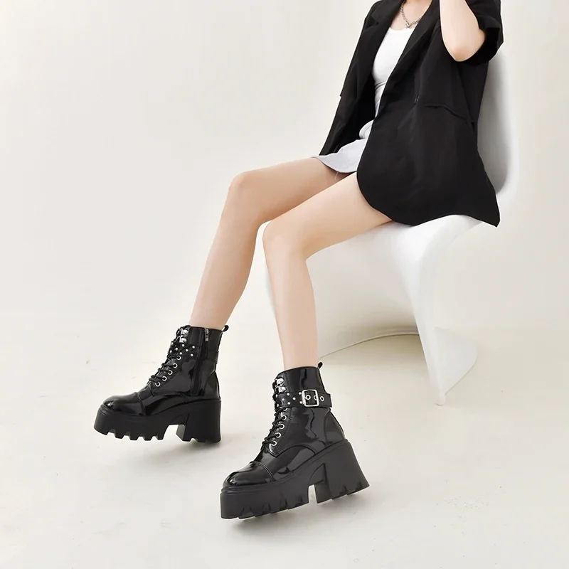 2024 Platform Thick Gothic Boots Lady Buckle Autumn Shoes Women Wedges Knee High Boots Punk Street Motorcycle Chain