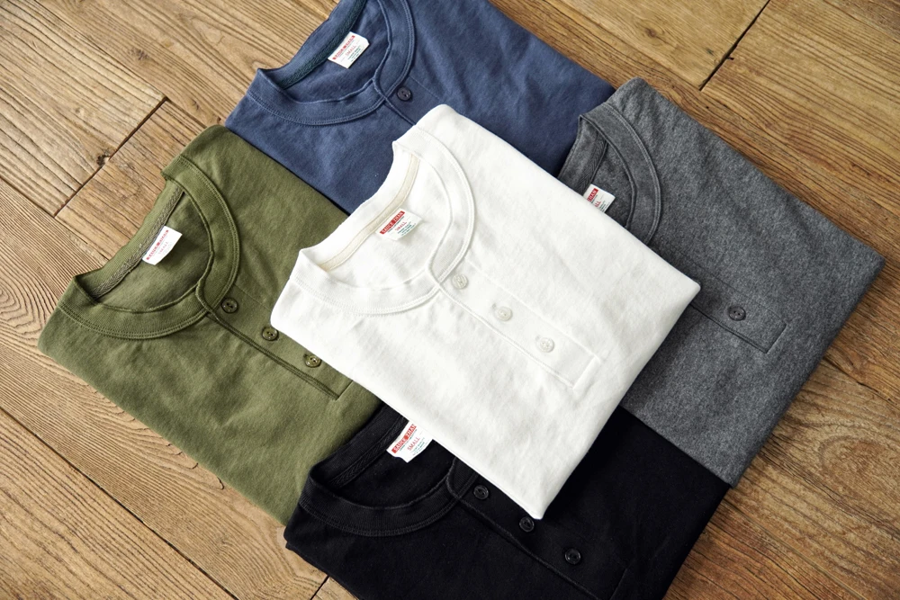 Sauce Zhan Mens T Shirts Henry Collar Pure Cotton Solid 5 Color Summer Short Sleeve Vintage Style Regular Fit 230g/m²