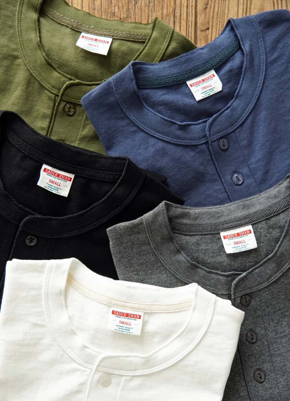 Sauce Zhan Mens T Shirts Henry Collar Pure Cotton Solid 5 Color Summer Short Sleeve Vintage Style Regular Fit 230g/m²