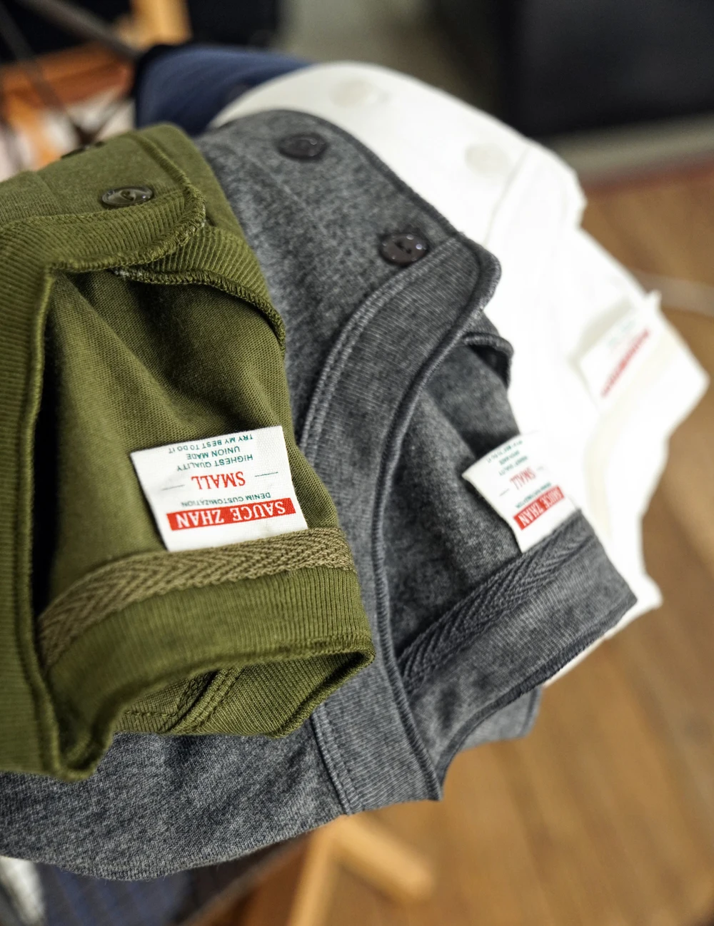 Sauce Zhan Mens T Shirts Henry Collar Pure Cotton Solid 5 Color Summer Short Sleeve Vintage Style Regular Fit 230g/m²