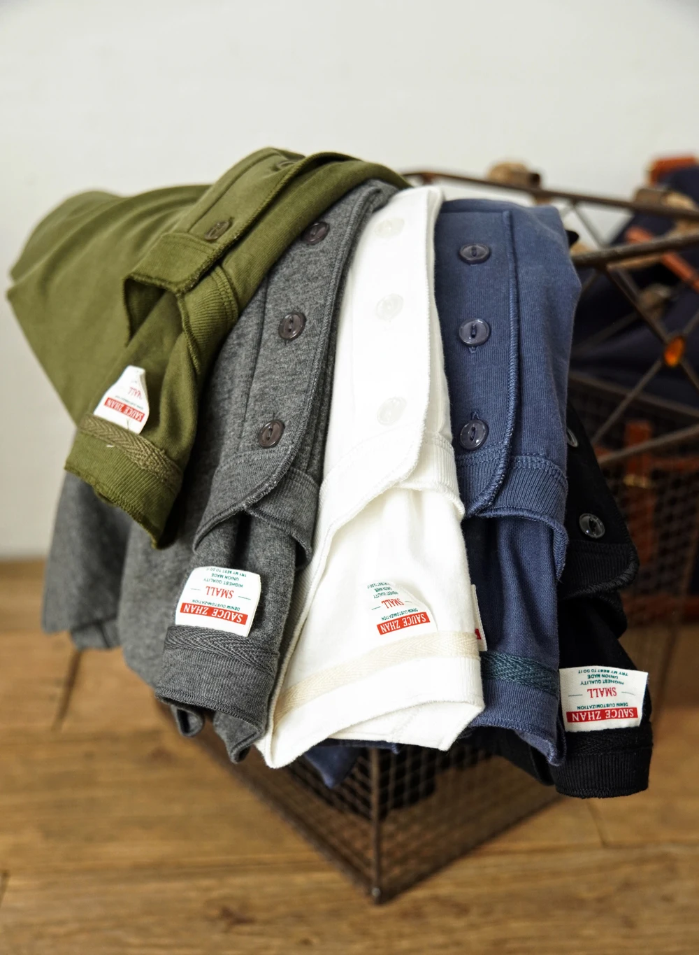 Sauce Zhan Mens T Shirts Henry Collar Pure Cotton Solid 5 Color Summer Short Sleeve Vintage Style Regular Fit 230g/m²
